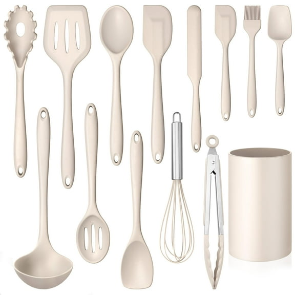 Walchoice 14 Pcs Cooking Utensils Set with Holder, Heat Resistant Silicone Kitchen Cookware Utensils Set, Kitchen Cooking Tools Includes Spatula Spoon Turner Whisk Tong, Dishwasher safe, Khaki