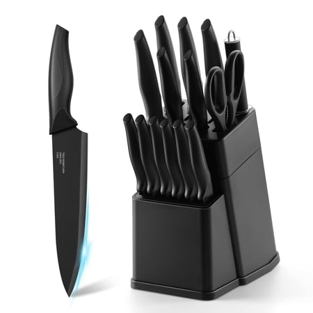Walchoice 15 Pieces Knife Set with Block, High Carbon Stainless Steel Kitchen Knife Set with Sharpener, Rust Resistant & Dishwasher Safe - Black