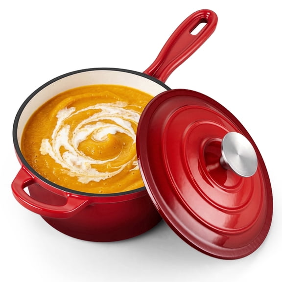 Walchoice 1QT Sauce Pan, Enameled Cast Iron Saucepan Dutch Oven Pot with Lid, 1 Quart Small Cooking Sauce Pot, Nonstick & Oven Safe - Red