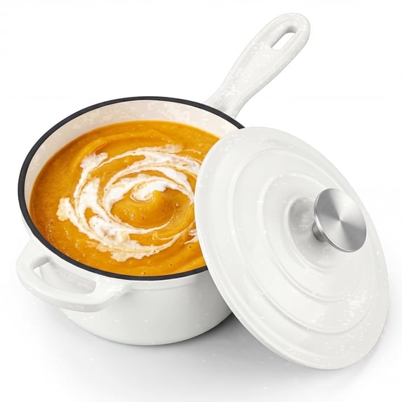 Walchoice 1QT Sauce Pan, Enameled Cast Iron Saucepan Dutch Oven Pot with Lid, 1 Quart Small Cooking Sauce Pot, Nonstick & Oven Safe - White
