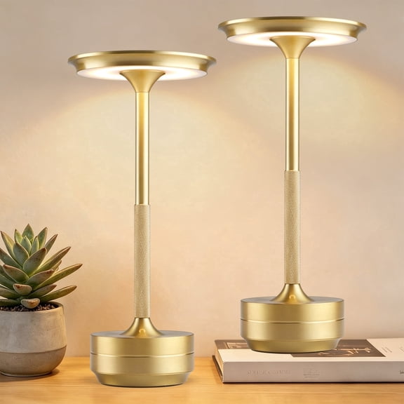 Walchoice 2 Pack Cordless Table Lamp, Portable Rechargeable Outdoor Desk Lamp, 3 Color Stepless Dimming LED Light with Memory Function for Patio/Restaurant/Bedroom, Gold