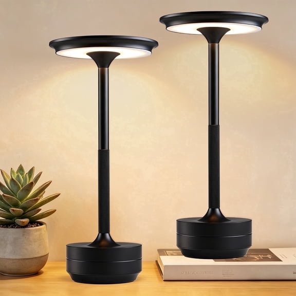 Walchoice 2 Pack Cordless Table Lamp, Portable Rechargeable Outdoor Desk Lamp, 3 Color Stepless Dimming LED Light with Memory Function for Patio/Restaurant/Bedroom, Black