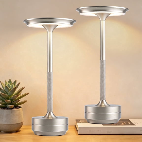 Walchoice 2 Pack Cordless Table Lamp, Portable Rechargeable Outdoor Desk Lamp, 3 Color Stepless Dimming LED Light with Memory Function for Patio/Restaurant/Bedroom, Silver