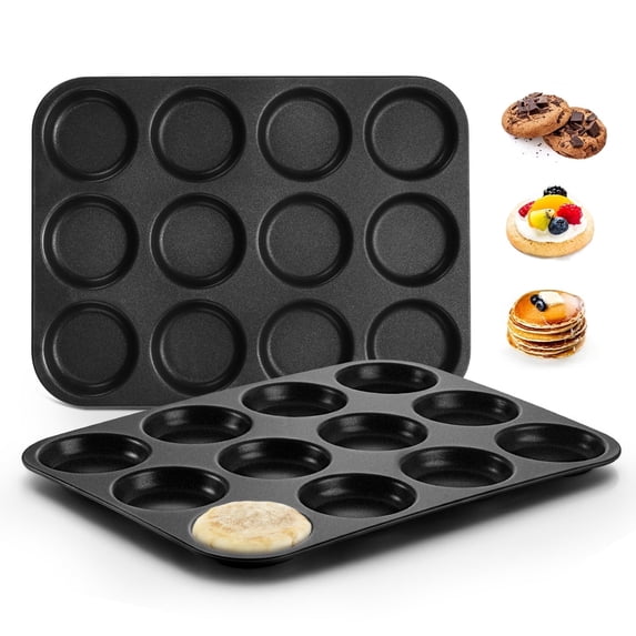 Walchoice 2 Pcs Muffin Top Pans, 12-Cup Nonstick Metal Muffin Tin for Baking, 11” x 14.6” Regular Size Cupcake Pan Tray for Cookies, Pudding Pan, Hamburger, Egg - Black