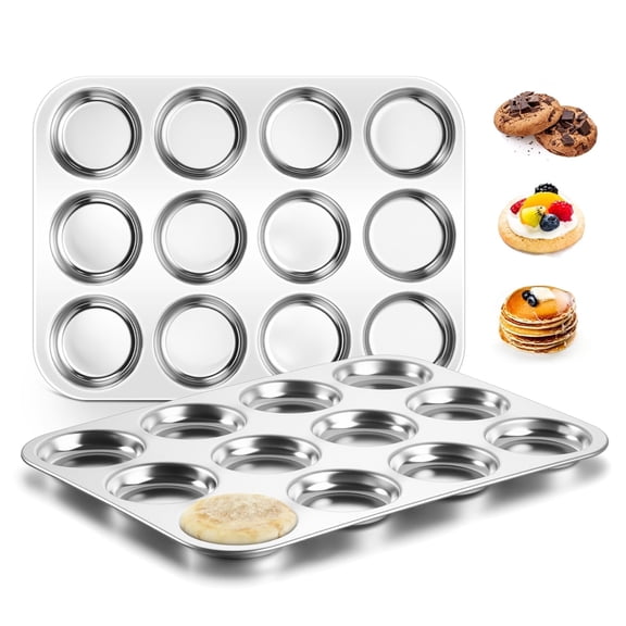 Walchoice 2 Pcs Muffin Top Pans, 12-Cup Nonstick Metal Muffin Tin for Baking, 11” x 14.6” Regular Size Cupcake Pan Tray for Cookies, Pudding Pan, Hamburger, Egg