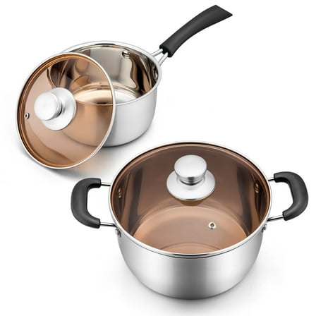 Walchoice 2 QT Saucepan & 4 QT Stockpot Set, Stainless Steel Soup Pasta Pot with Visible Lid, Multipurpose Cookware for Cooking Boiling Stewing, Heat-Proof Handle, Dishwasher Safe