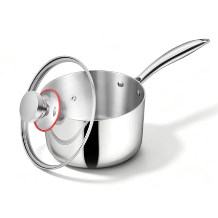 Walchoice 2 Quart Saucepan with Glass Lid, Tri-Ply Stainless Steel Milk Pan, Metal Induction Cookware for Soup Pasta