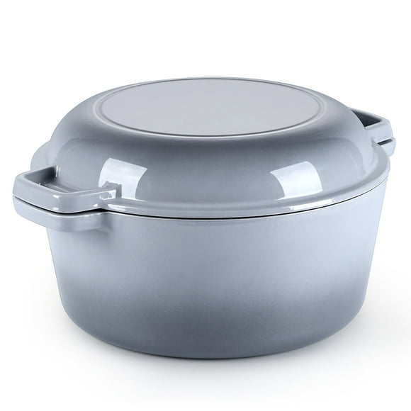 Walchoice 2-in-1 Enameled Cast Iron Dutch Oven with Skillet Lid, 5 Quart Dutch Oven Pot Cookware with Handles for Grilling, Stewing - Grey
