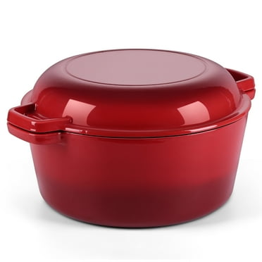 Walchoice 2-in-1 Enameled Cast Iron Dutch Oven with Skillet Lid, 5 Quart Dutch Oven Pot Cookware with Handles for Grilling, Stewing - Red