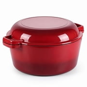 Walchoice 5QT Dutch Oven with Skillet Lid, 2-in-1 Enameled Cast Iron Dutch Oven Pot Cookware with Handles for Grilling, Stewing - Red