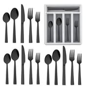 Walchoice 20-Piece Black Silverware Set with Tray, Stainless Steel Flatware Cutlery Set for Home Restaurant, Elegant Eating Utensils Tableware Plus Plastic Drawer Organizer