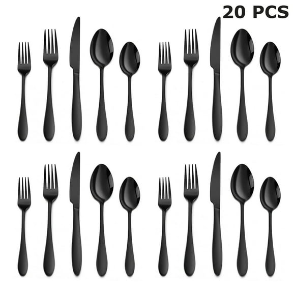 Walchoice 20 Piece Black Silverware Set, Stainless Steel Flatware for 4, Elegant Cutlery Set Includes Knives Forks Spoons, Mirror Polished & Dishwasher Safe