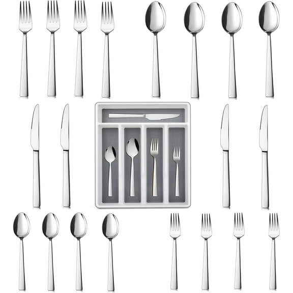 Walchoice 20 Pieces Silverware Set with Drawer Organizer, Stainless Steel Flatware Cutlery Service for 4, Metal Tableware with Square Handle for Home