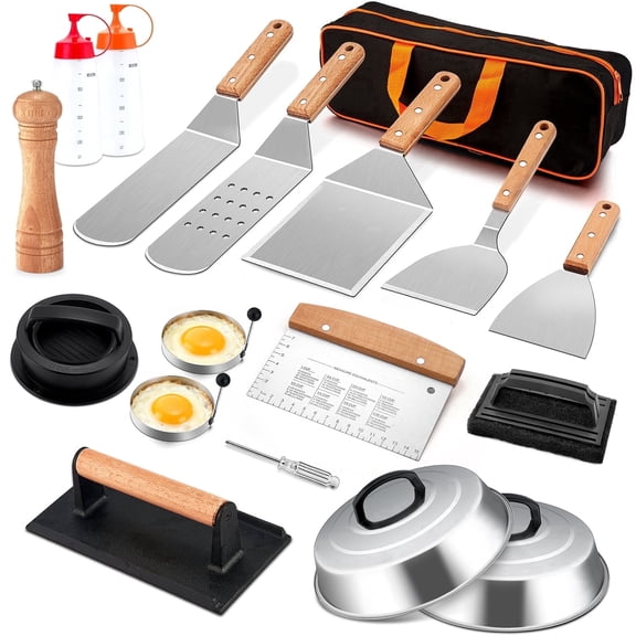 Walchoice 18PCS Griddle Accessories Kit, Professional Grill Tools Set for Outdoor BBQ, Heavy Duty Stainless Steel Grill Spatula Set for Grilling Gift - Wooden Handles