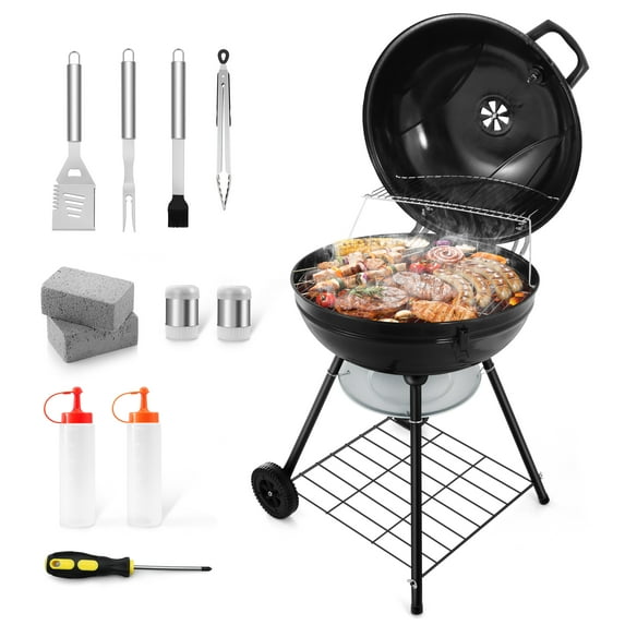 Walchoice 22 inch Charcoal Grill Set of 12, 2 Layer Grilling Racks Heavy Duty Barbecue Grill with Grilling Accessories for Backyard Camping BBQ Cooking, Black Enamel Lid & Bowl