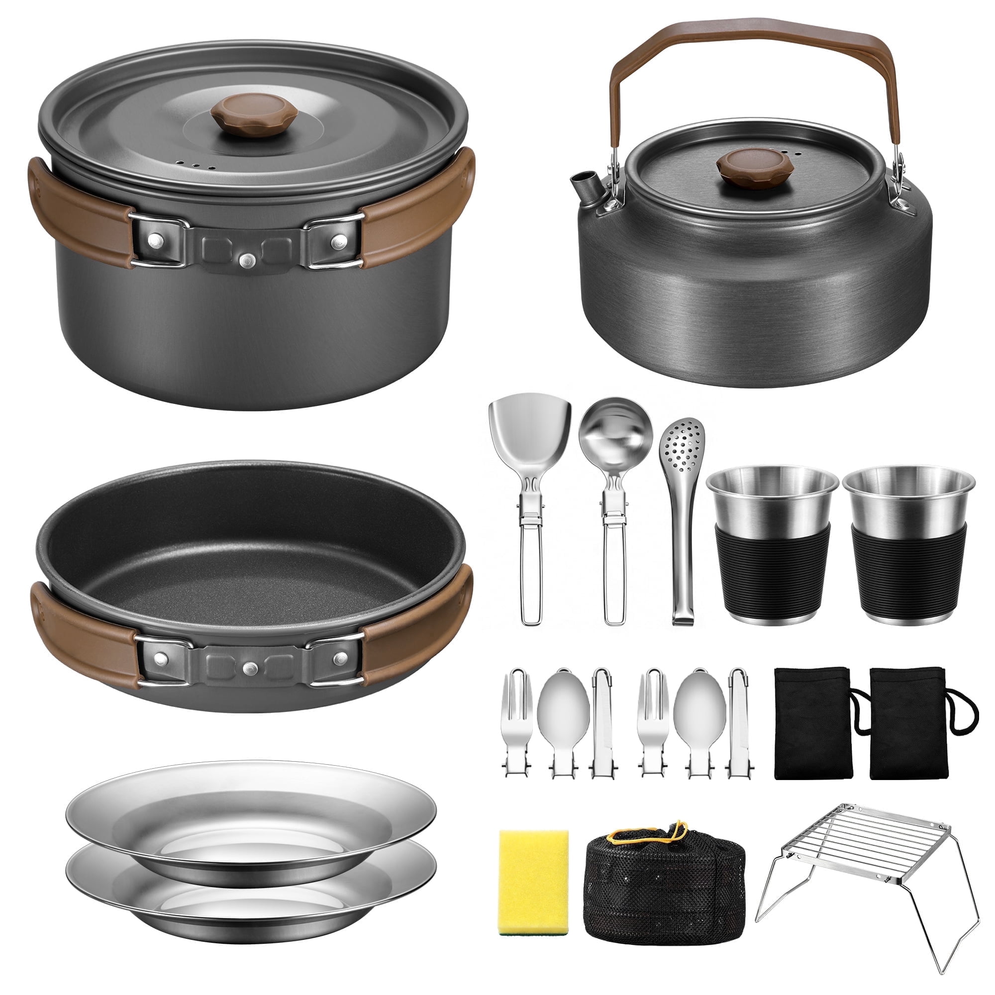Walchoice 25 Pcs Camping Cookware Mess Kit, Aluminum Pot Pan Kettle Cooking Set for Backpacking Picnic Outdoor, Cookware with Cups Plates Cutleries Kitchenware Mini Grill, Lightweight & Portable