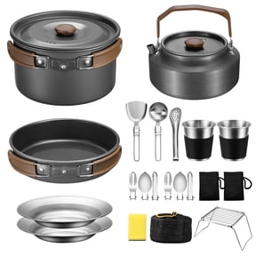 Walchoice 25 Pcs Camping Cookware Mess Kit, Aluminum Pot Pan Kettle Cooking Set for Backpacking Picnic Outdoor, Cookware with Cups Plates Cutleries Kitchenware Mini Grill, Lightweight & Portable