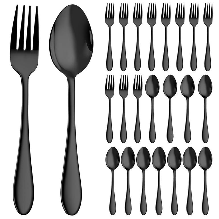 Walchoice 24-Piece Black Fork and Spoon Set, Stainless Steel Silverware Set  for Home & Restaurant, Metal Flatware Cutlery Set, Mirror Polished