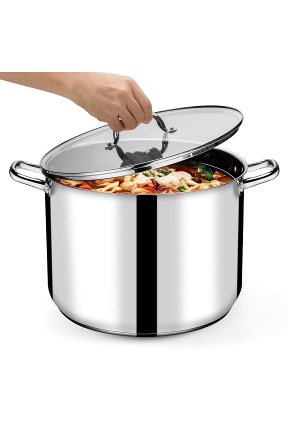 24-Quart Stainless Steel Stock Pot with Lid, Large Stockpot Heavy Duty Cooking Soup Pot Cookware with Tri-Ply Bottom for Boiling Stewing, Induction & Dishwasher Safe