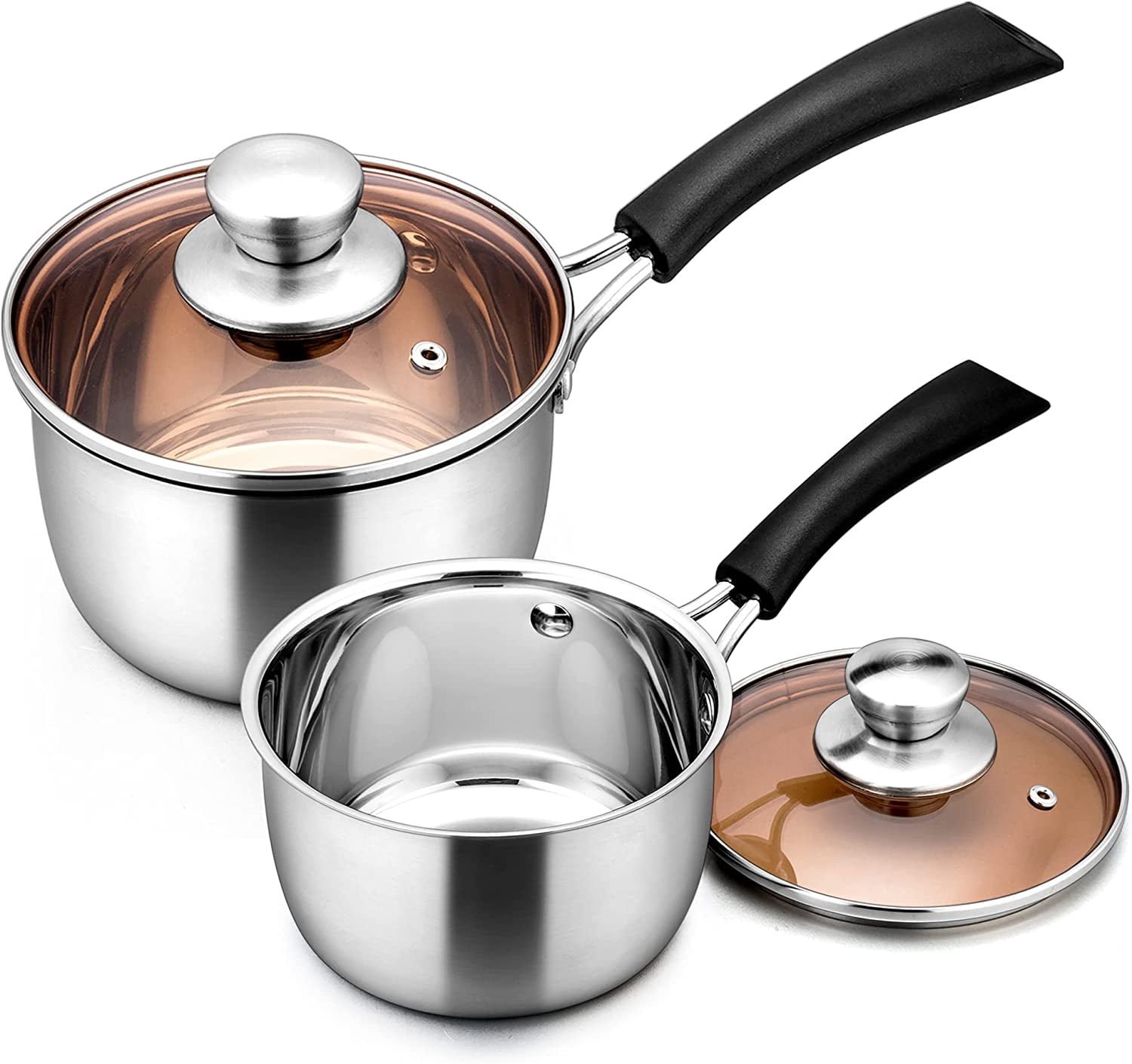 Walchoice Stainless Steel Saucepan Set (Small & Large) with Lids, Heat