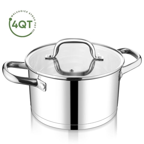 Walchoice 4 Quart Stock Pot with Lid, Large Stainless Steel Stockpot for Simmering Soup Pasta, Heavy Duty Induction Cooking Pot with Visible Lid & Tri-Ply Bottom