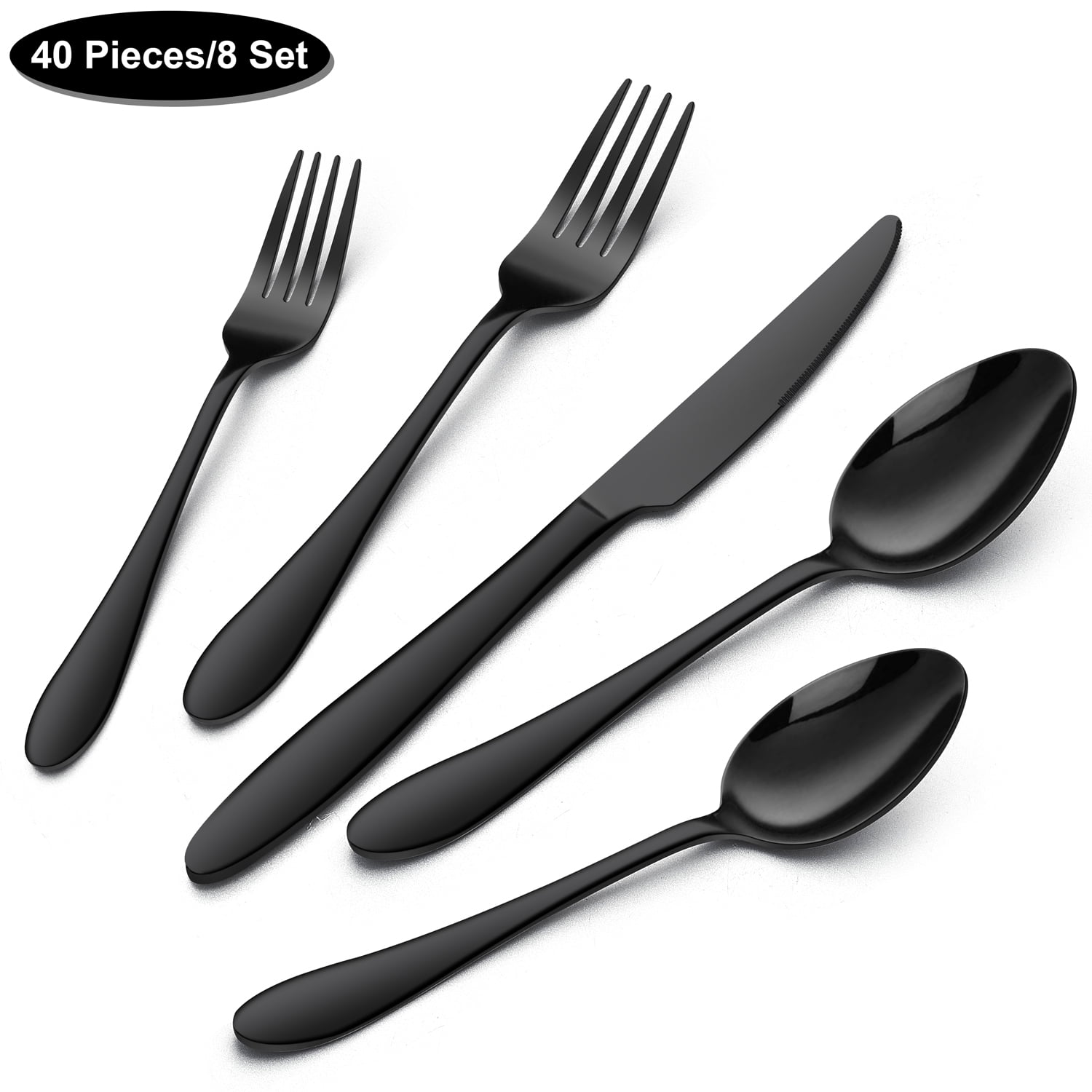Walchoice 40 Piece Black Silverware Set, Stainless Steel Flatware for 8, Elegant Cutlery Set Includes Knives Forks Spoons, Mirror Polished & Dishwasher Safe