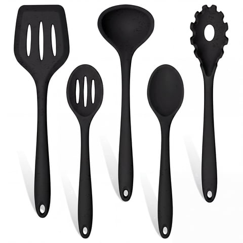 Walchoice Cooking Utensils Set, 5 PCS Kitchen Utensils Set for Cooking, Non-Stick & Heat Resistant Kitchen Tools Includes Soup Ladle, Slotted Spoon, Slotted Turner - Black