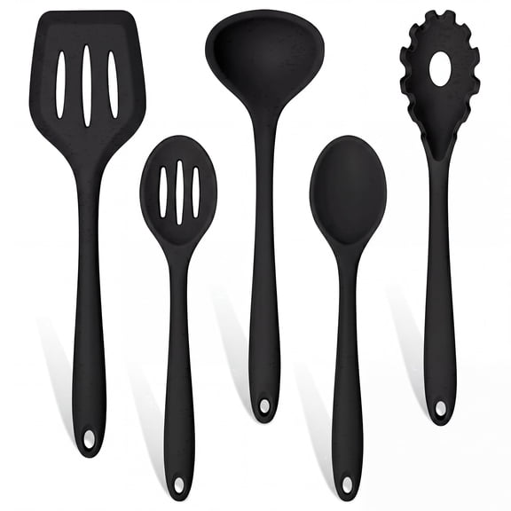 Walchoice 5 Pcs Silicone Cooking Utensils Set, Heat-Resistant Kitchen Utensils Set, Food-Grade Kitchen Tools, Soup Ladle, Slotted Spoon, Slotted Turner, Spoon, Pasta Server - Black