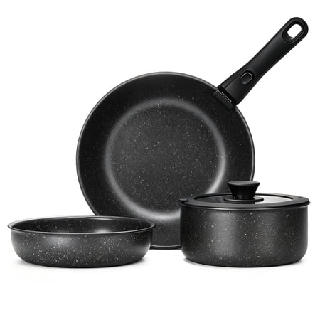 Walchoice 5Pcs Pots and Pans Set, Granite Nonstick Cookware Set with Detachable Handle, Stackable Kitchen Cooking Set with Saucepan Frying Pans, Induction Compatible & Oven Safe - Black