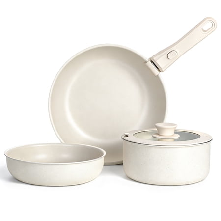 Walchoice 5Pcs Pots and Pans Set, Granite Nonstick Cookware Set with Detachable Handle, Stackable Kitchen Cooking Set with Saucepan Frying Pans, Induction Compatible & Oven Safe - Cream White