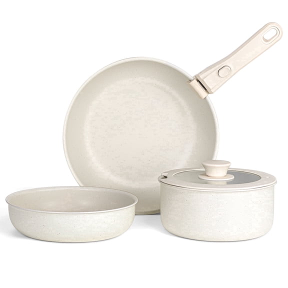 Walchoice 5Pcs Pots and Pans Set, Granite Nonstick Cookware Set with Detachable Handle, Stackable Kitchen Cooking Set with Saucepan Frying Pans, Induction Compatible & Oven Safe - Cream White