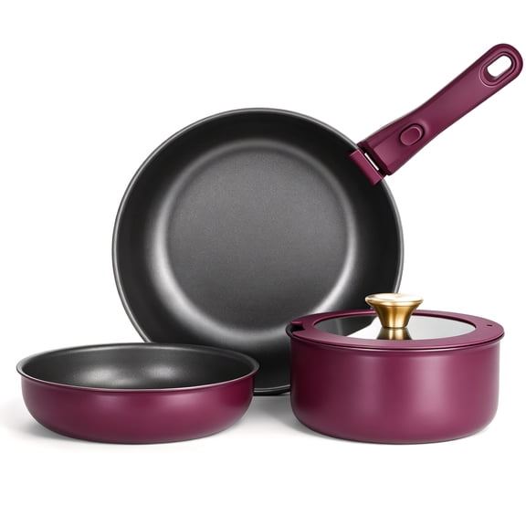 Walchoice 5Pcs Pots and Pans Set, Granite Nonstick Cookware Set with Detachable Handle, Stackable Kitchen Cooking Set with Saucepan Frying Pans, Induction Compatible & Oven Safe - Purple