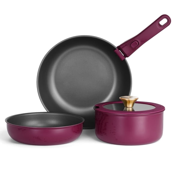 Walchoice 5Pcs Pots and Pans Set, Granite Nonstick Cookware Set with Detachable Handle, Stackable Kitchen Cooking Set with Saucepan Frying Pans, Induction Compatible & Oven Safe - Purple