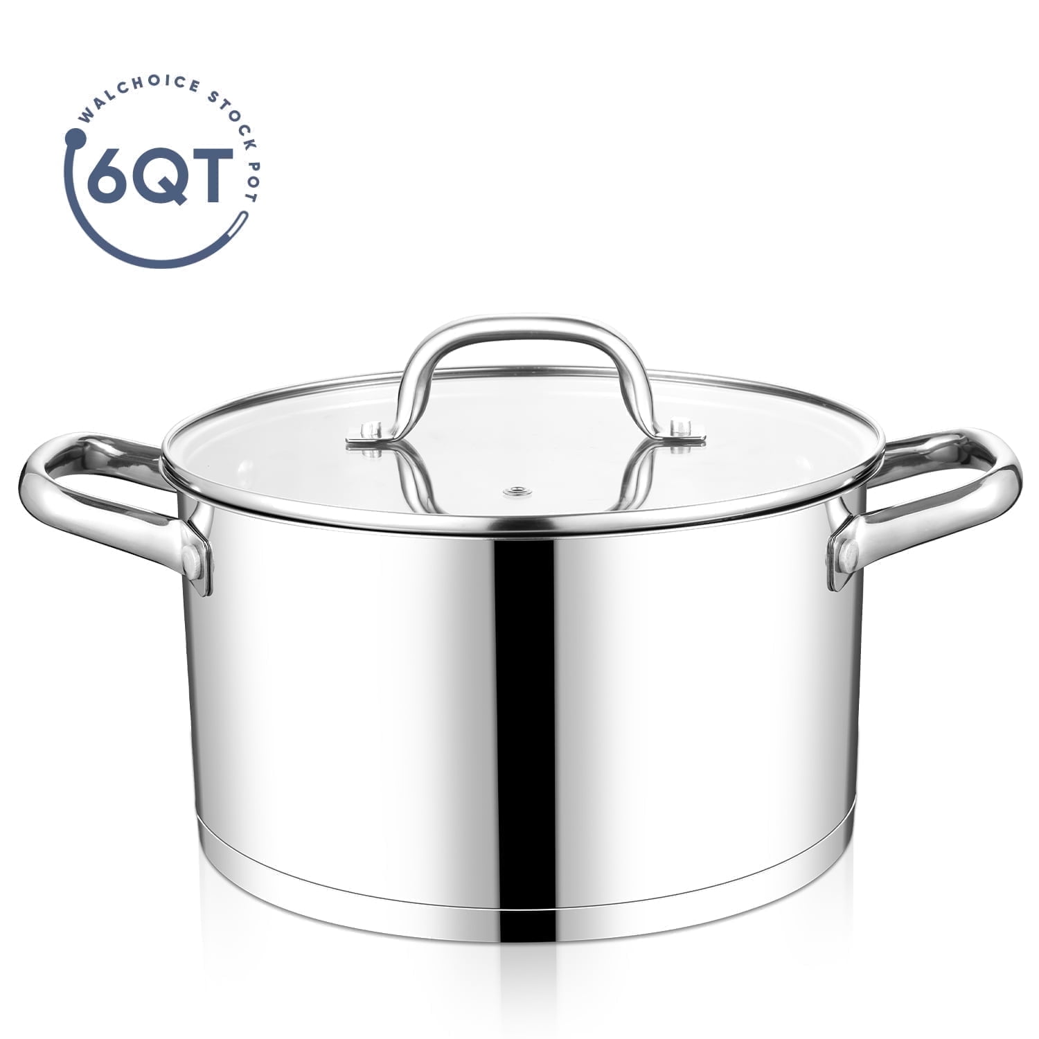 Walchoice 6 Quart Stock Pot with Lid, Large Stainless Steel Stockpot for Simmering Soup Pasta, Heavy Duty Induction Cooking Pot with Visible Lid & Tri-Ply Bottom