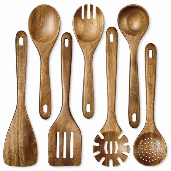 Walchoice 7-Piece Wooden Kitchen Utensil Set, Heat Resistant Cooking Utensils for Nonstick Cookware, Includes Salad Spoon, Salad Fork, Soup Ladle, Slotted Spoon, Pasta Server & Turner