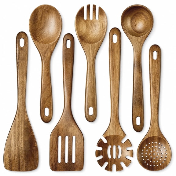Walchoice Wooden Utensils Set, 7 PCS Cooking Utensils for Kitchen Nonstick Cookware, Includes Acacia Wooden Salad Spoon, Salad Fork, Soup Ladle, Slotted Spoon, Pasta Server & Turner