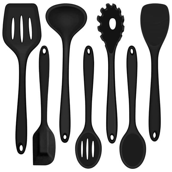 Walchoice 7-Piece Silicone Cooking Utensils Set, Black Kitchen Utensils, Non-stick Gadgets Tools Include Slotted Turner, Soup Ladle, Pasta Server