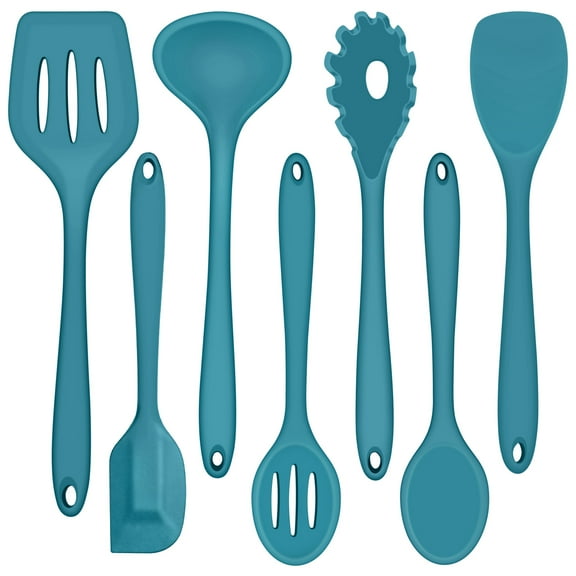 Walchoice 7-Piece Silicone Cooking Utensils Set, Blue Kitchen Utensils, Non-stick Gadgets Tools Include Slotted Turner, Soup Ladle, Pasta Server