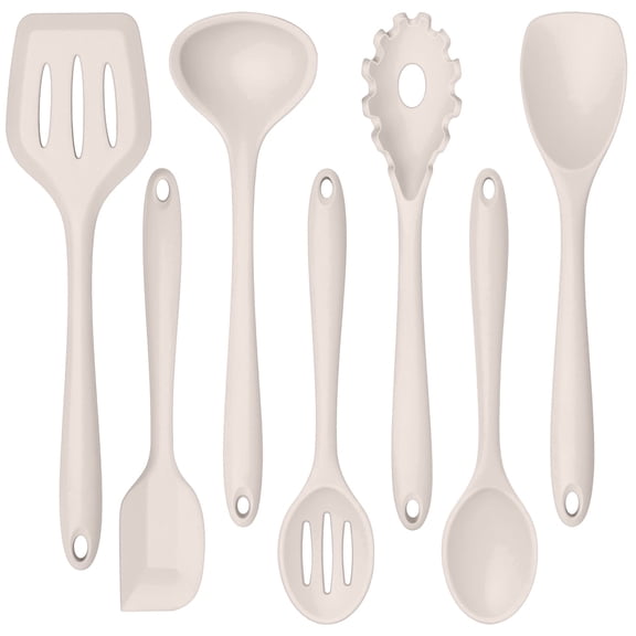 Walchoice 7-Piece Utensils Set, Khaki, Silicone Cooking Utensils for Kitchen, Non-stick Gadget Tools Include Slotted Turner, Soup Ladle, Pasta Server, Dishwasher Safe & Heat Resistant
