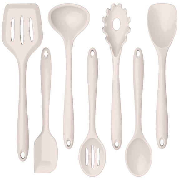 Walchoice 7-Piece Utensils Set, Khaki, Silicone Cooking Utensils for Kitchen, Non-stick Gadget Tools Include Slotted Turner, Soup Ladle, Pasta Server, Dishwasher Safe & Heat Resistant