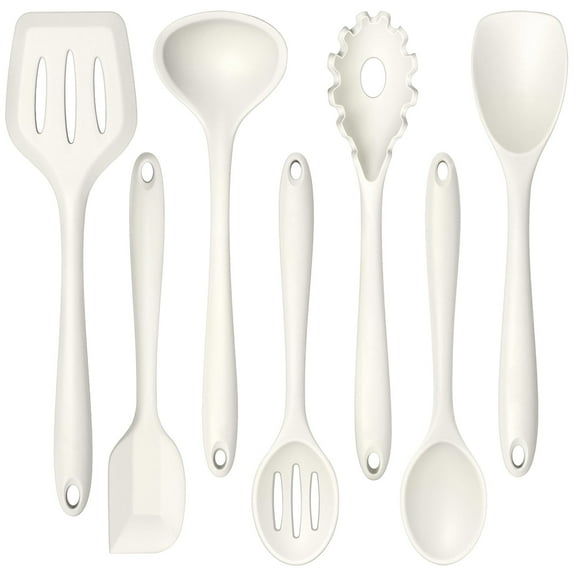 Walchoice 7-Piece Silicone Cooking Utensils Set, White Kitchen Utensils, Non-stick Gadgets Tools Include Slotted Turner, Soup Ladle, Pasta Server