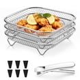 thumbnail image 1 of Walchoice 7.7 Inch Square Air Fryer Rack, 3 Layers Stackable Dehydrator Racks with Clamp and 8 Silicone Feet, Stainless Steel Air Fryer Accessories for Normal Oven Pot, Oven & Dishwasher Safe, 1 of 9