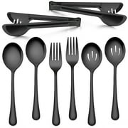 Walchoice 8 Pieces Serving Utensils Set, Stainless Steel Hostess Set, Includes Slotted Spoon/Serving Spoon/Serving Fork/Serving Tongs, Mirror Polished & Dishwasher Safe - Black