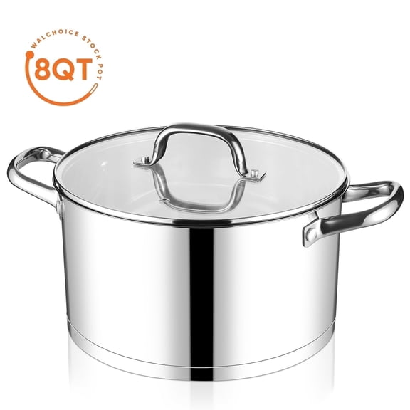 Walchoice 8 Quart Stock Pot with Lid, Large Stainless Steel Stockpot for Simmering Soup Pasta, Heavy Duty Induction Cooking Pot with Visible Lid & Tri-Ply Bottom