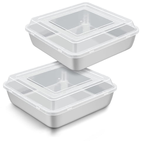 Walchoice 8 x 8 inch Baking Pan with Lid, Stainless Steel Square Cake Pans with Covers, Deep Bakeware Set of 2 for Lasagna Brownie, Silver