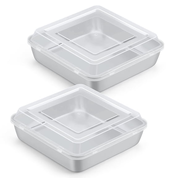Walchoice 9 x 9 inch Baking Pan with Lid, Stainless Steel Square Cake Pans with Covers, Deep Bakeware for Set of 2 Lasagna Brownie, Silver