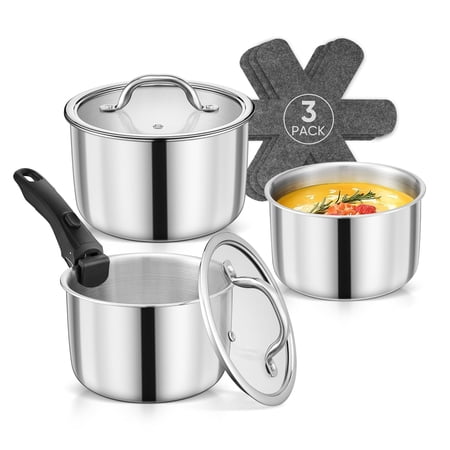 Walchoice 2QT & 3QT & 4QT Squcepan Set, 9PCS Stainless Steel Sauce Pans with Detachable Handle and Lid, Tri-Ply Bass Induction Pots Cooking Set for Kitchen, RV, Camping, All Stoves Compatible