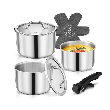 Walchoice 9Pcs Stainless Steel Saucepan Set, 3-Ply Sauce Pans Set with Detachable Handle & Lids, Induction Cookware Set for RV, Camping, Kitchen, Oven & Dishwasher Safe