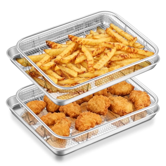 Walchoice Air Fryer Basket for Oven, Stainless Steel Air Fryer Pans and Trays Set of 2, Large Nonstick Crisper Tray for Turkey French Fries Chicken, Dishwasher Safe (12.2” x 9.4”, Silver)