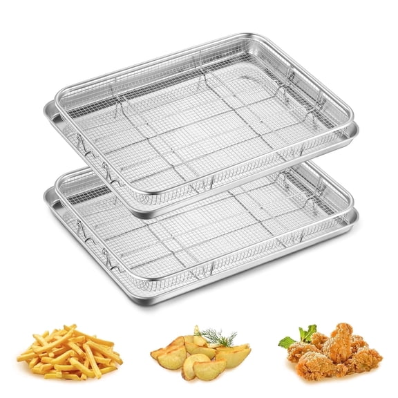 Walchoice Air Fryer Basket for Oven, Stainless Steel Air Fryer Pans and Trays Set of 2, Large Nonstick Crisper Tray for Turkey French Fries Chicken, Dishwasher Safe (16” x 12”, Silver)